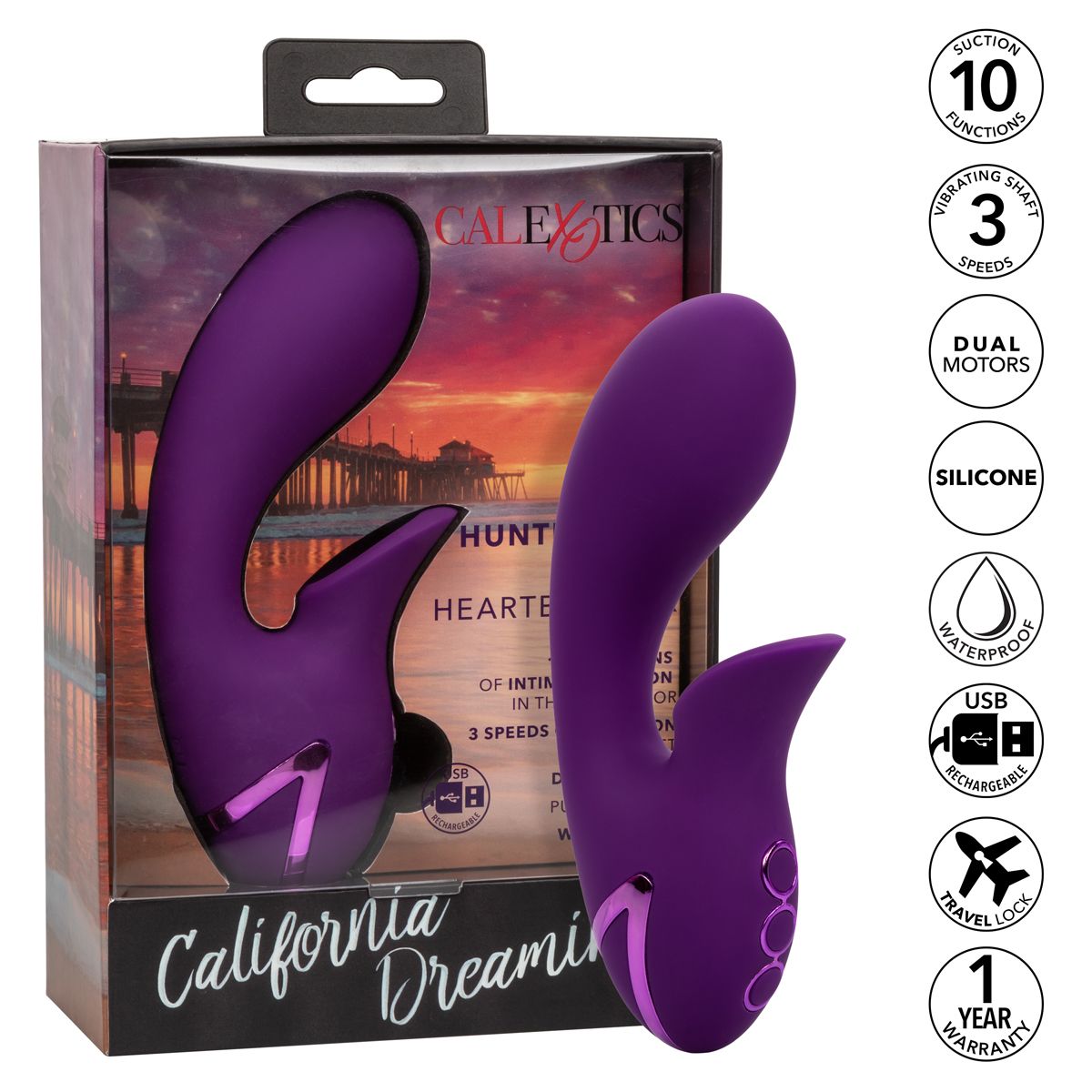 California Dreaming Huntington Beach Heartbreaker Rabbit Vibrator, Product Box and Features