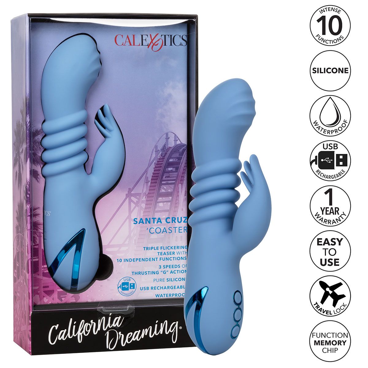 California Dreaming Santa Cruz Coaster Vibrator, Product Box and Features
