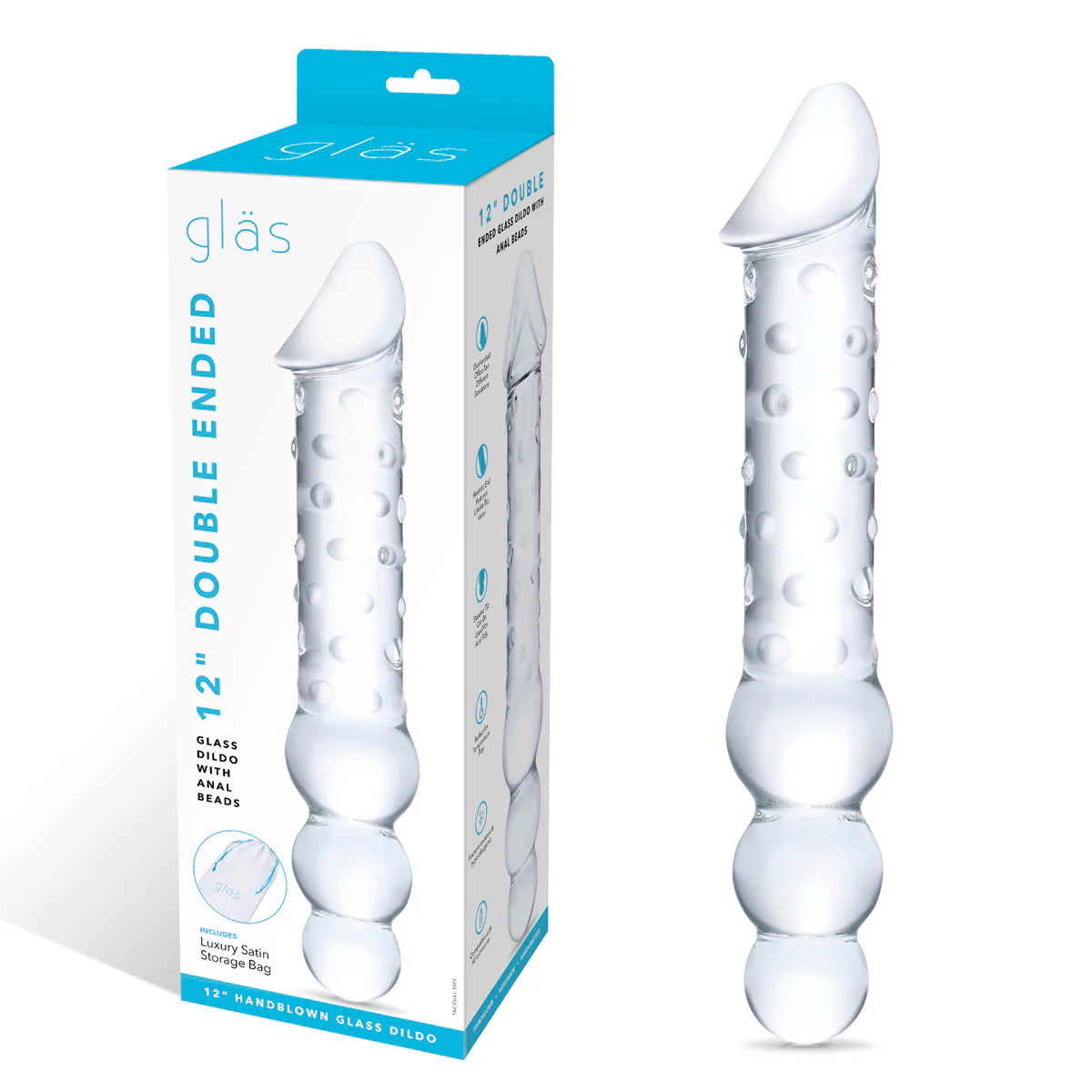 Glas 12" Double Ended Glass Dildo, Product Box and Glass Dildo
