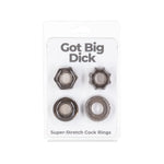 Got Big Dick 4-Pack Super-Stretch Cock Rings, Smoke Grey, Product Package, Front