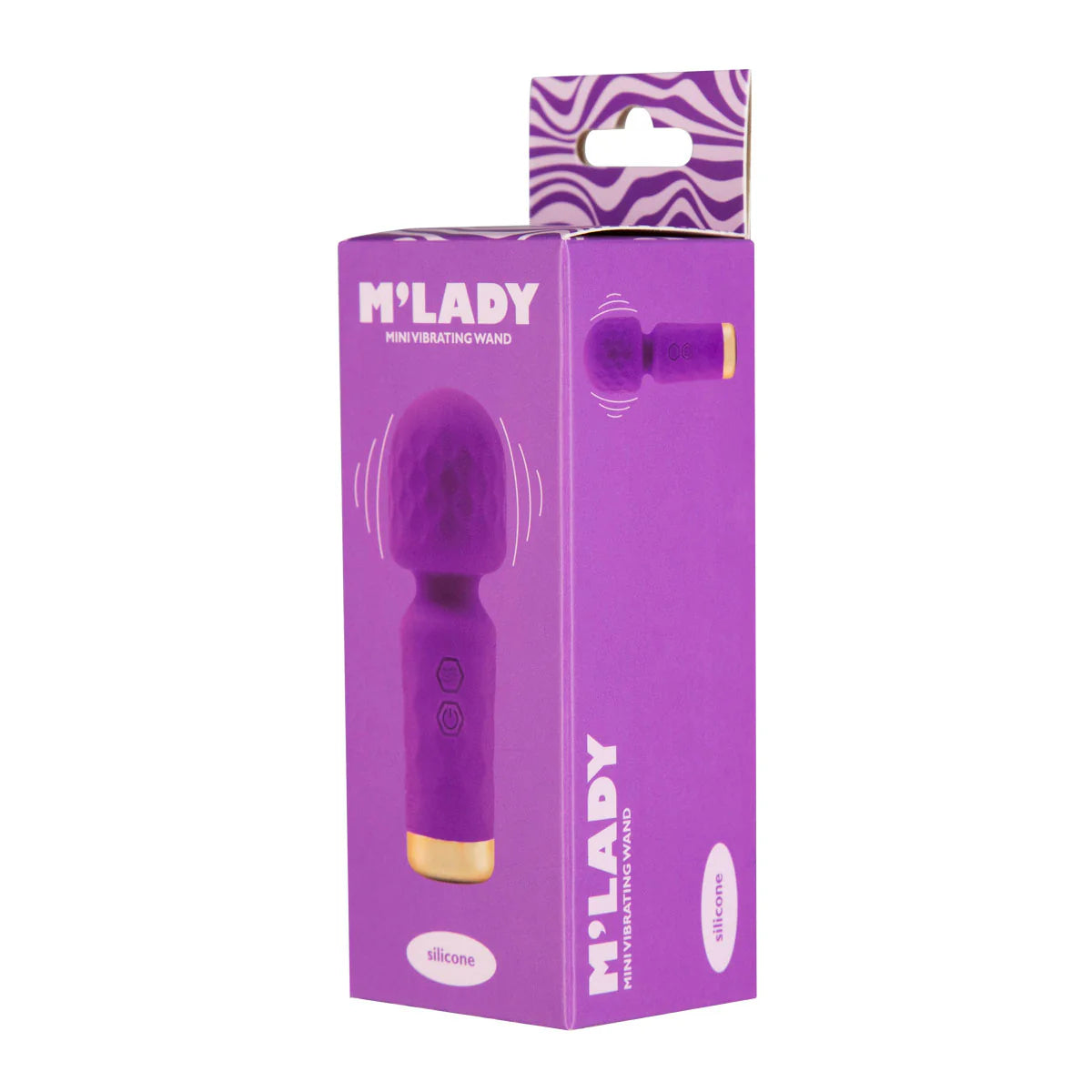 M'Lady Mini Vibrating Massage Wand, Purple, Product Box, Front Left Angle