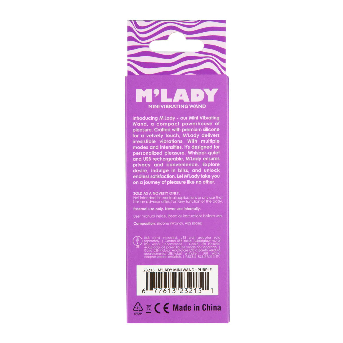 M'Lady Mini Vibrating Massage Wand, Purple, Product Box, Back