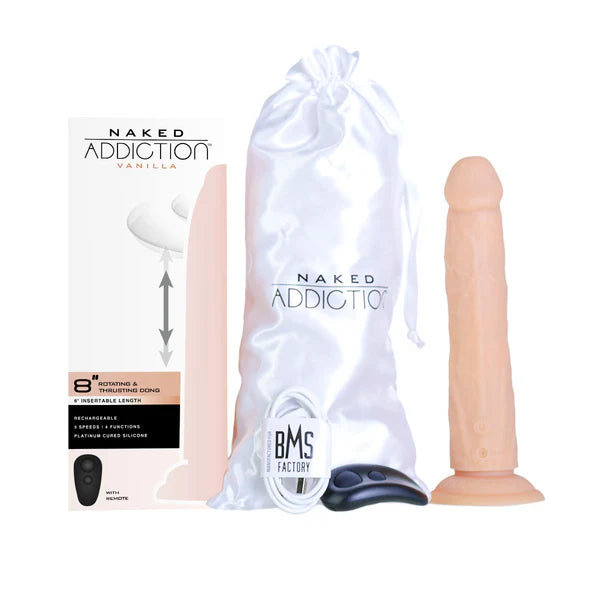 Naked Addiction 8-Inch Rotating & Thrusting Dildo, Vanilla, Box Contents