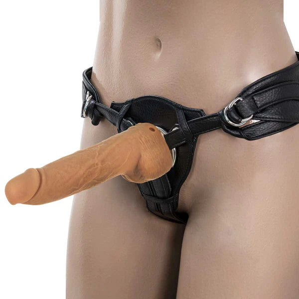 Naked Addiction 9-Inch Thrusting Dildo, Caramel, Dildo on Strap-On Harness