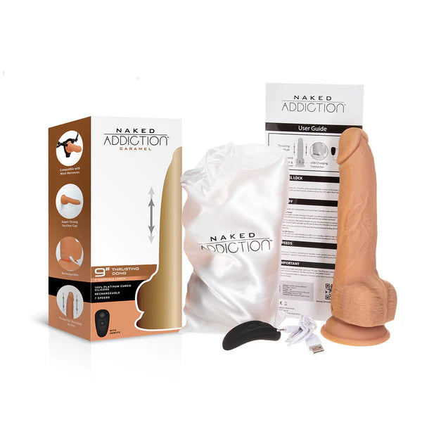 Naked Addiction 9-Inch Thrusting Dildo, Caramel, Box Contents