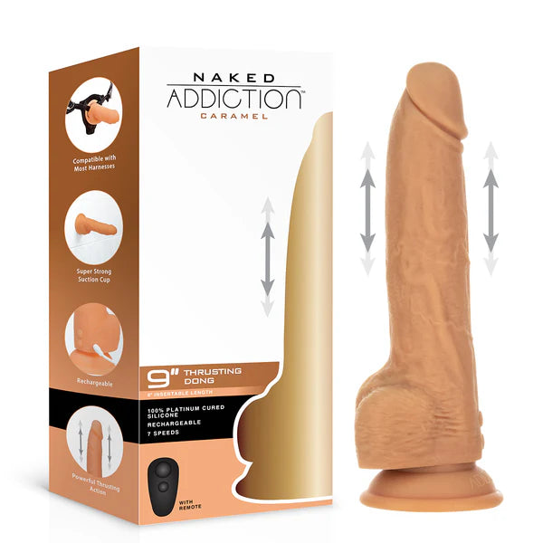 Naked Addiction 9-Inch Thrusting Dildo, Caramel, Product Box and Dildo