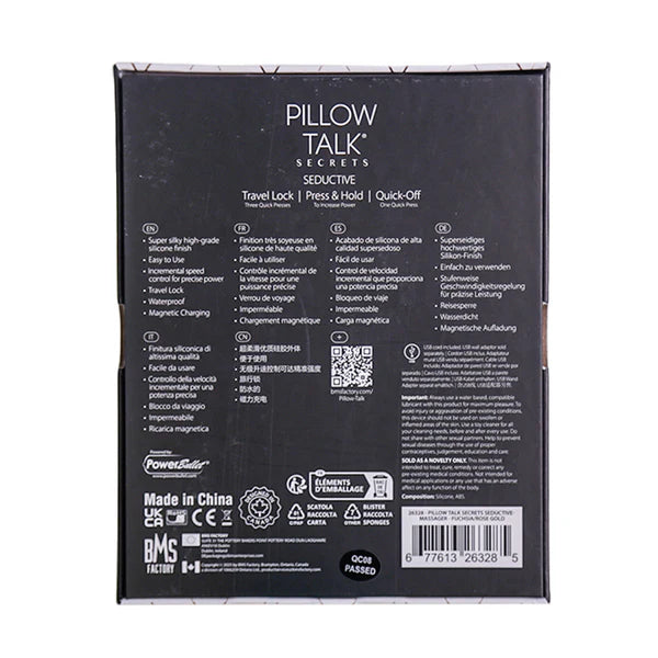 Pillow Talk Secrets Seductive Come Hither Rabbit Vibrator, Fuchsia, Product Box, Back