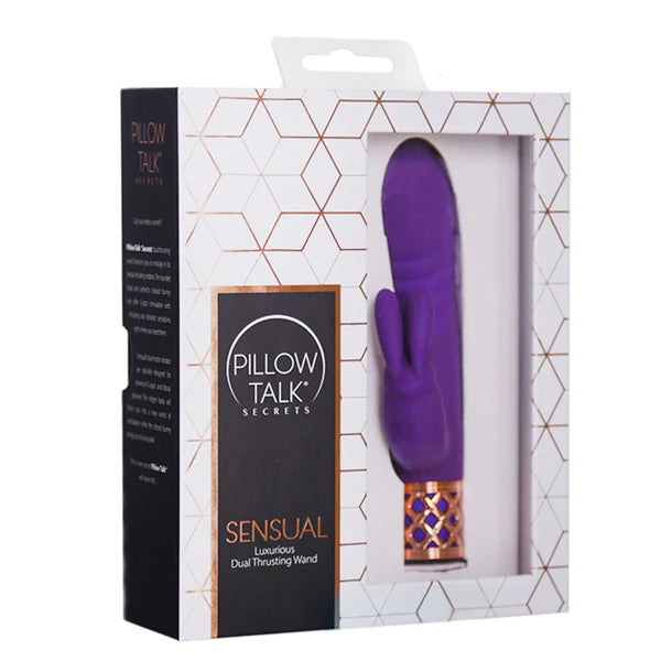 Pillow Talk Secrets Sensual Luxurious Thrusting Rabbit Vibrator, Purple, Product Box, Front Right Angle