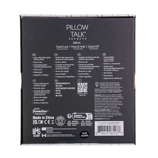 Pillow Talk Secrets Sinful Luxurious Dual Vibrator, Green, Product Box, Back