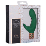 Pillow Talk Secrets Sinful Luxurious Dual Vibrator, Green, Product Box, Front Right Angle