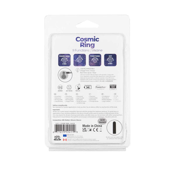 Power Bullet Cosmic Ring Rechargeable Vibrating Cock Ring, Black, Product Package, Back
