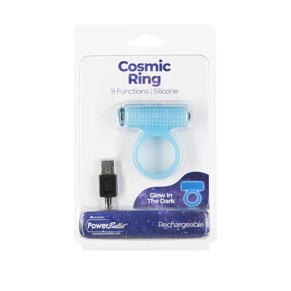 Power Bullet Cosmic Ring Rechargeable Vibrating Cock Ring, Blue, Product Package, Front