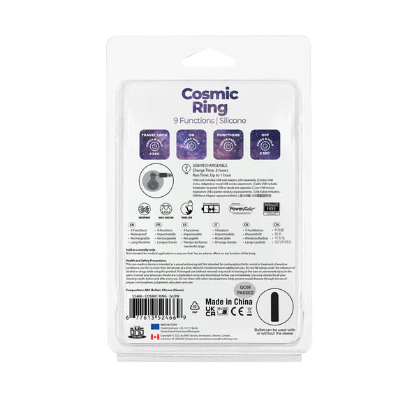 Power Bullet Cosmic Ring Rechargeable Vibrating Cock Ring, Blue, Product Package, Back