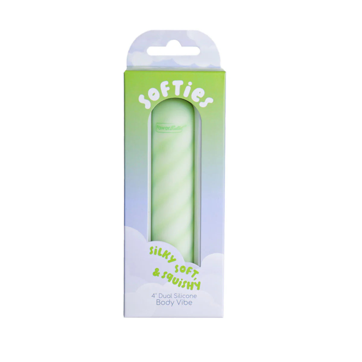 Softies 4-Inch Dual Silicone Body Vibe, Green, Product Package, Front