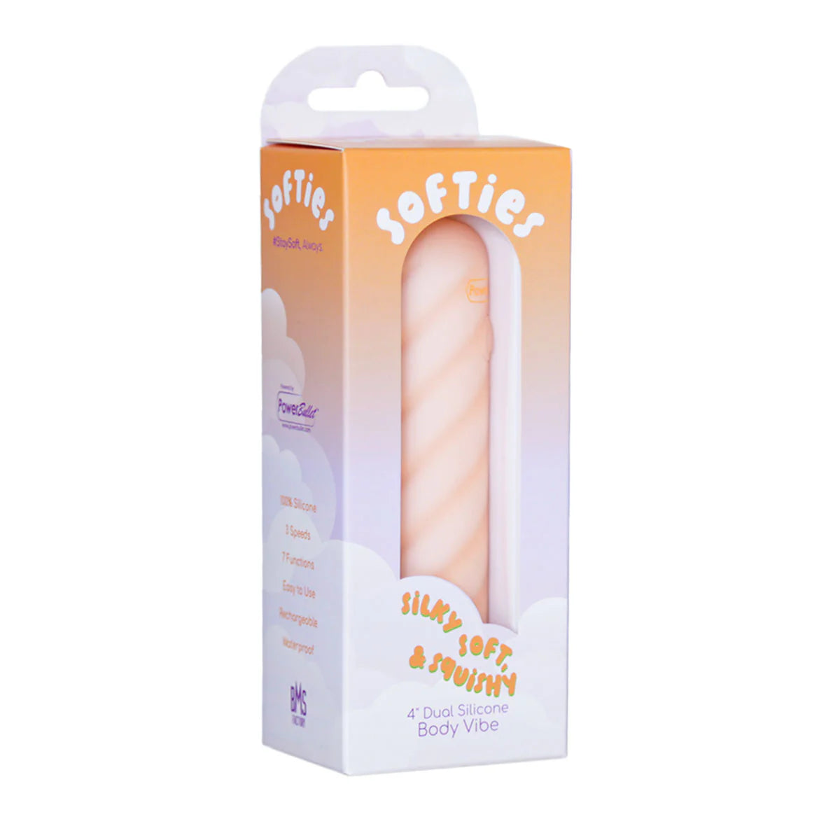 Softies 4-Inch Dual Silicone Body Vibe, Orange, Product Package, Front Right Angle