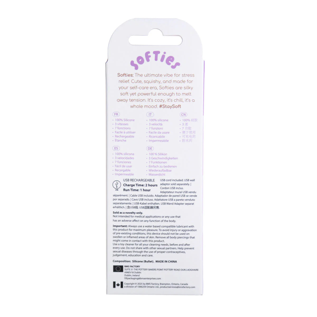 Softies 4-Inch Dual Silicone Body Vibe, Purple, Product Packaging, Back