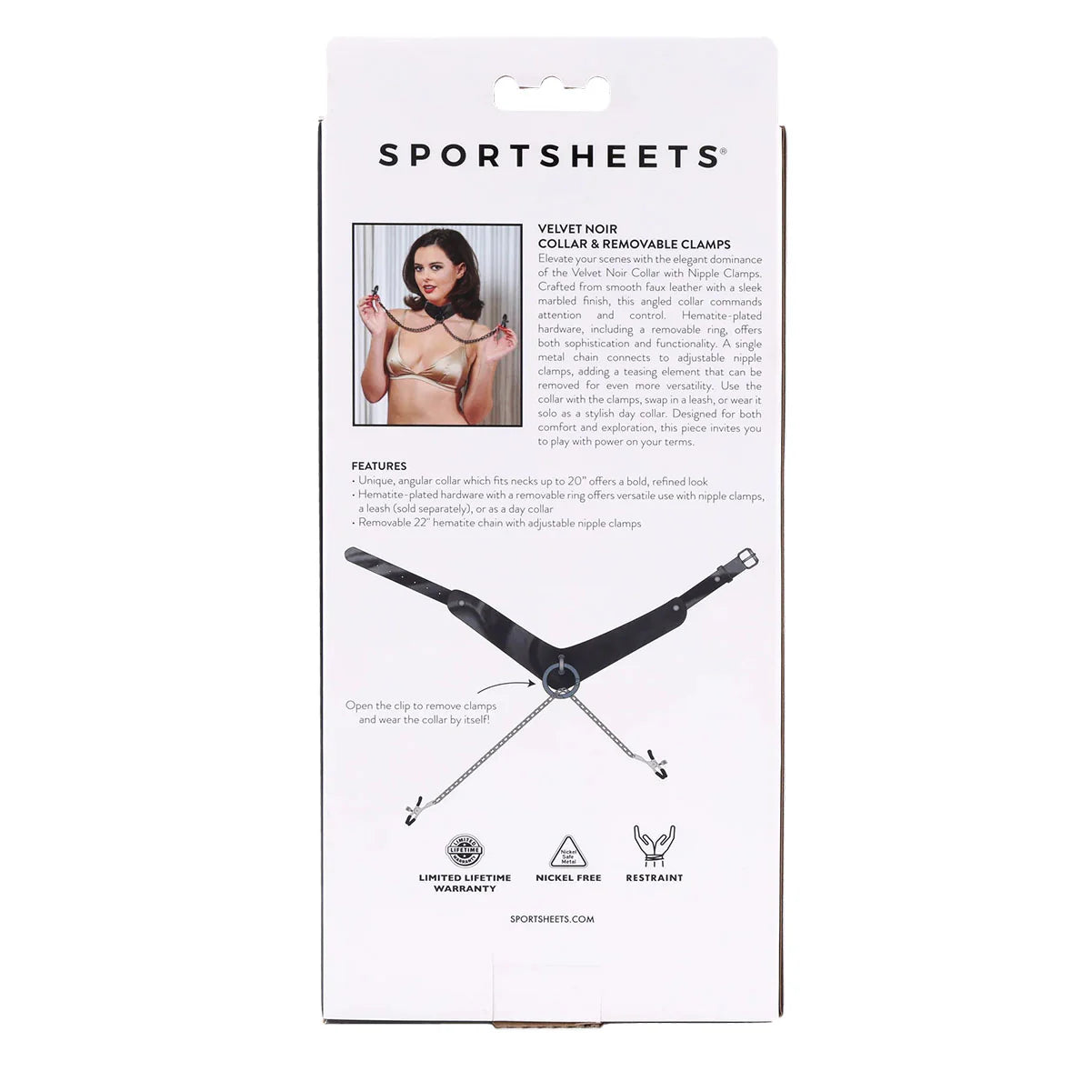 Sportsheets Velvet Noir Collar & Removable Clamps, Product Box, Back
