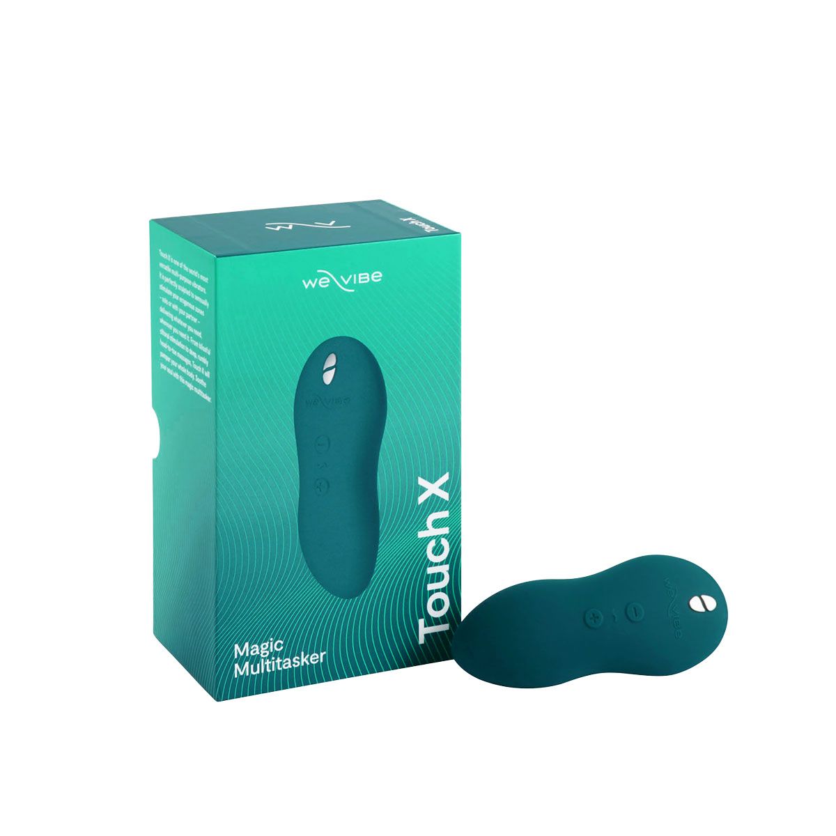 We-Vibe Touch X Clitoral Vibrator, Green Velvet, Product Box and Clitoral Vibrator