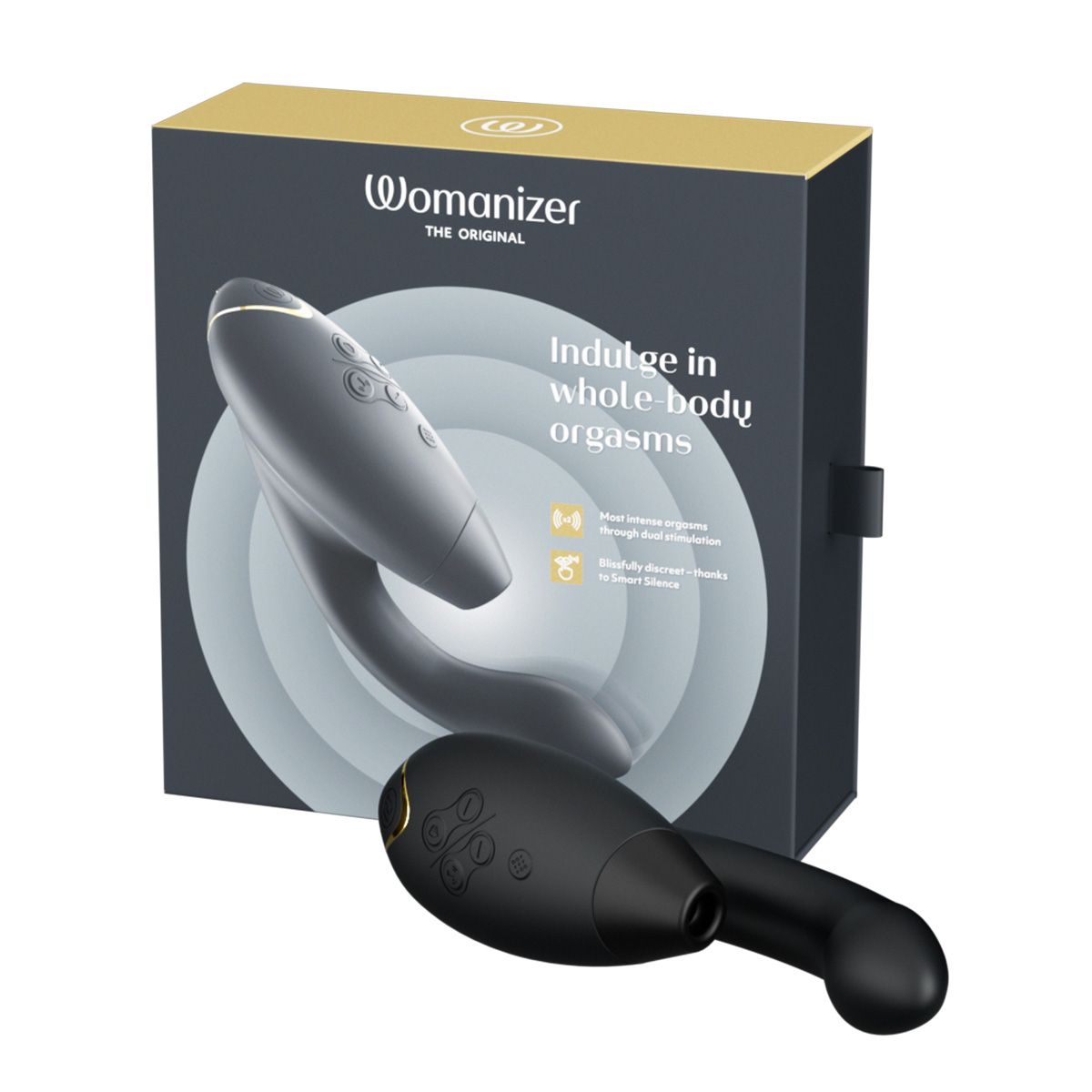 Womanizer Duo 2 Rabbit Sex Toy, Black, Product Box with Sex Toy
