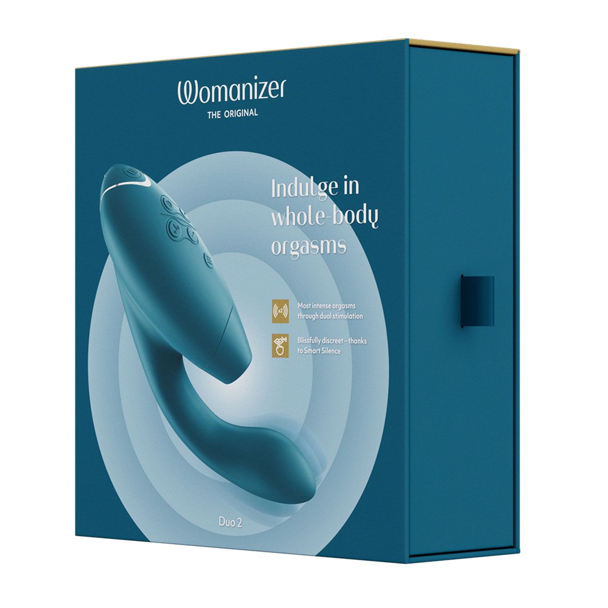 Womanizer Duo 2 Rabbit Sex Toy, Petrol, Product Box, Front Angle