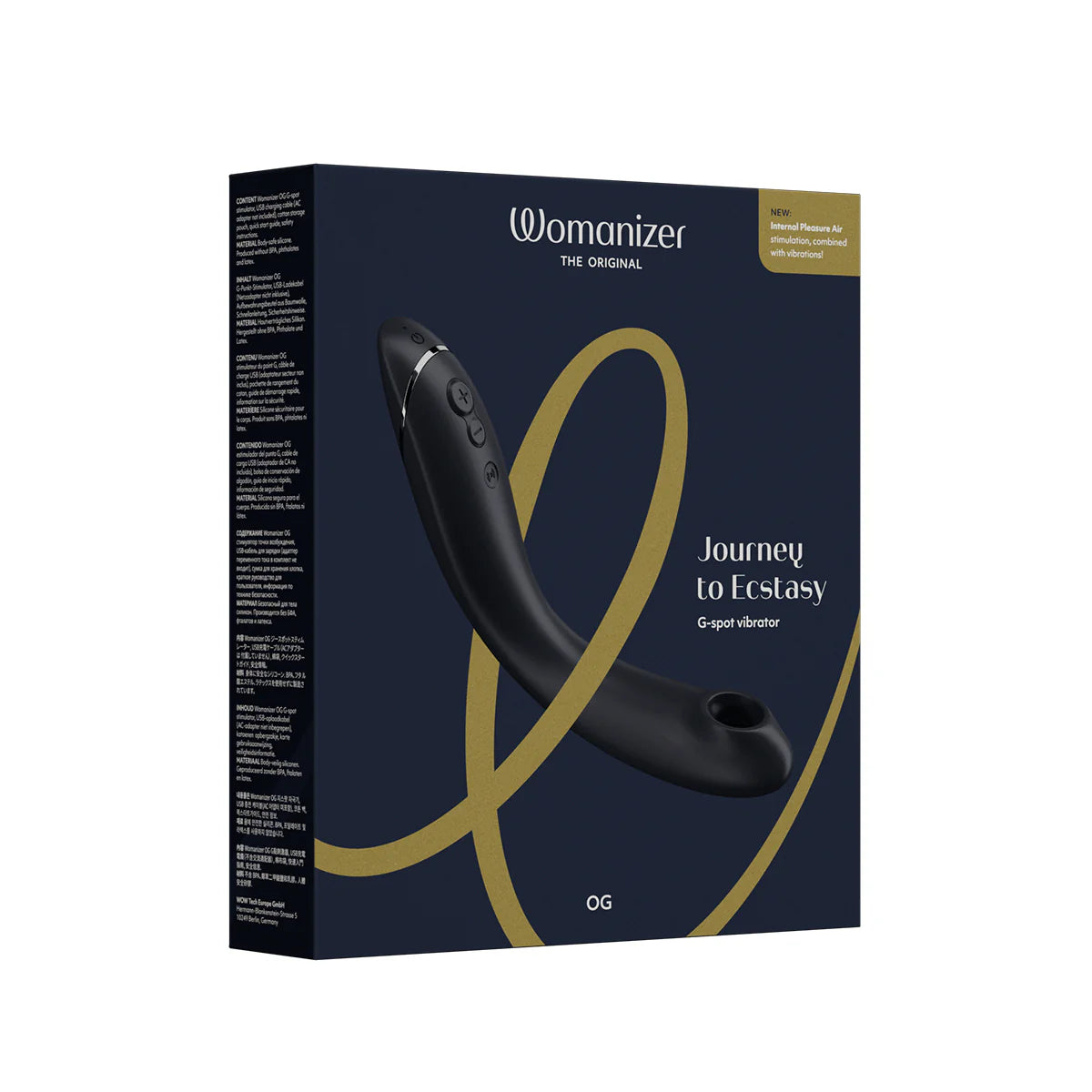 Womanizer OG G-Spot Vibrator, Dark Gray, Product Box, Front Right Angle