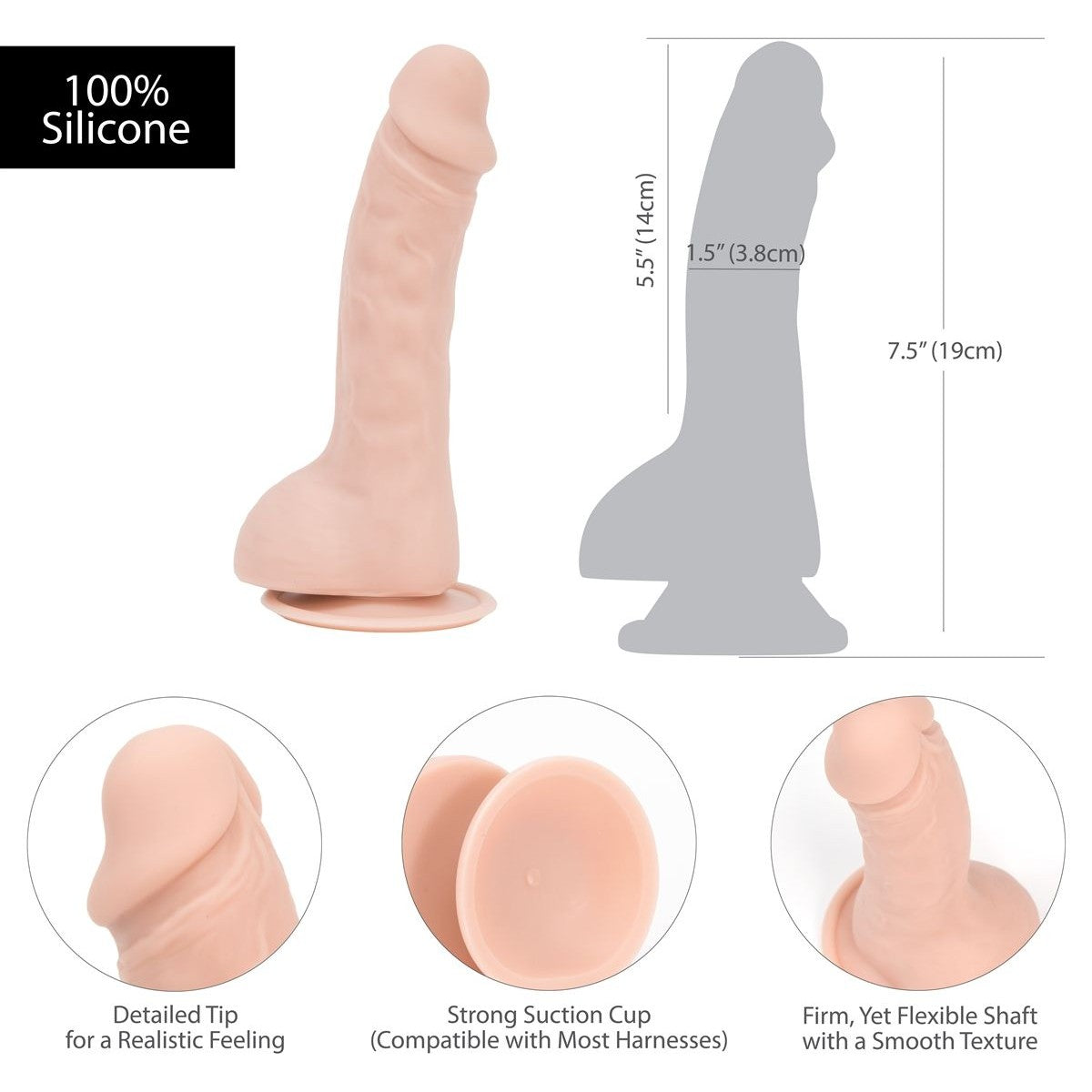 Addiction Brad 7.5-Inch Silicone Dildo, Product Measurements and Details
