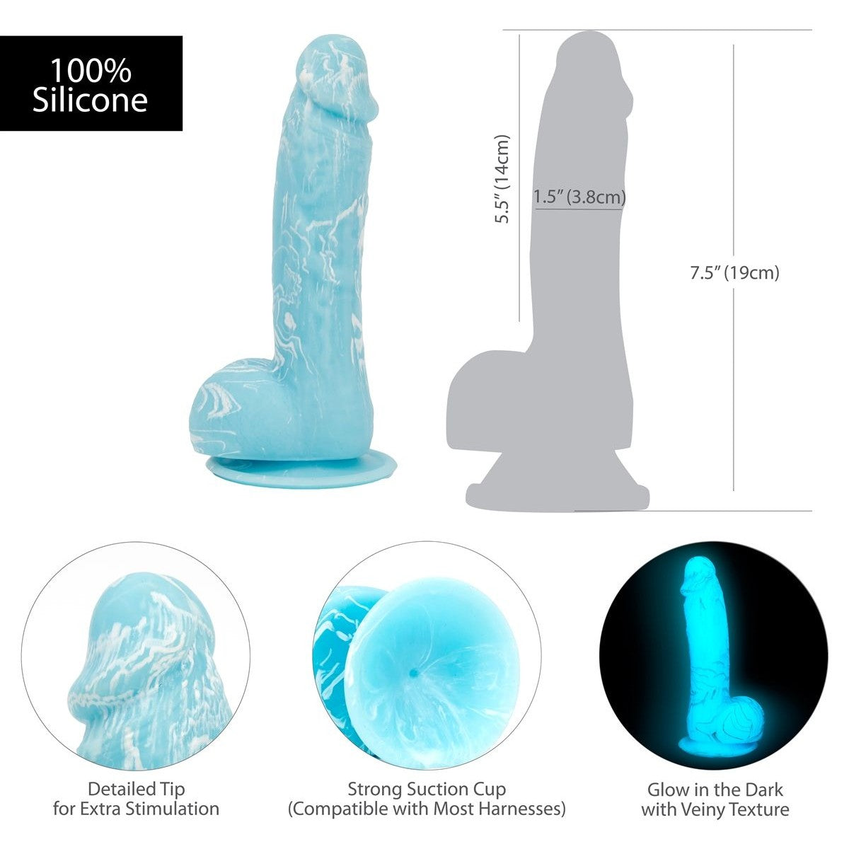 Addiction Glow-In-The-Dark 7.5-Inch Silicone Dildo, Blue, Product Measurement and Features