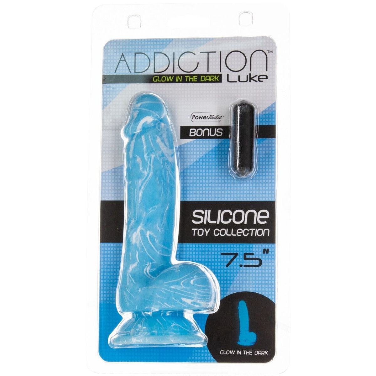 Addiction Glow-In-The-Dark 7.5-Inch Silicone Dildo, Blue, Product Package