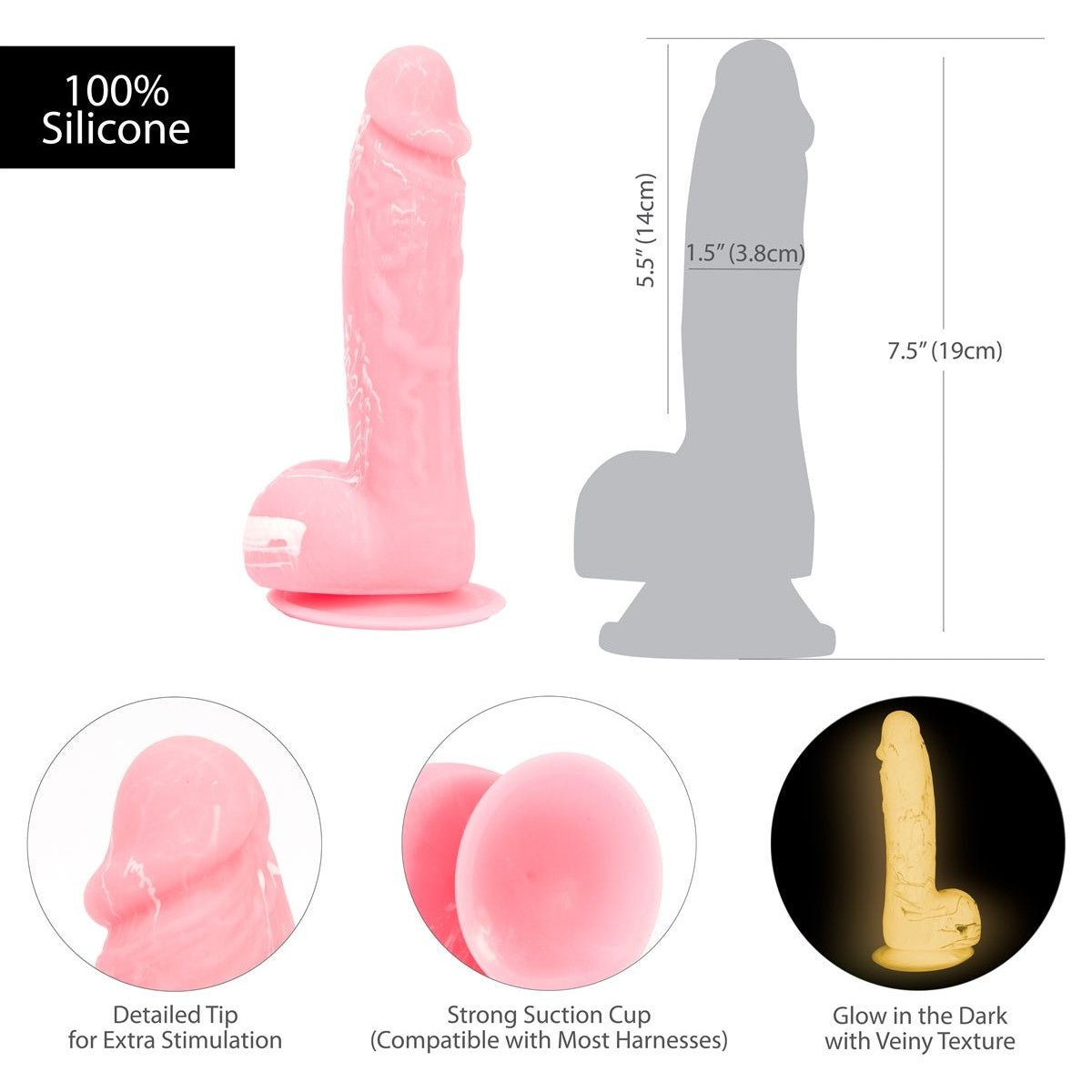 Addiction Glow-In-The-Dark 7.5-Inch Silicone Dildo, Pink, Product Measurements and Features