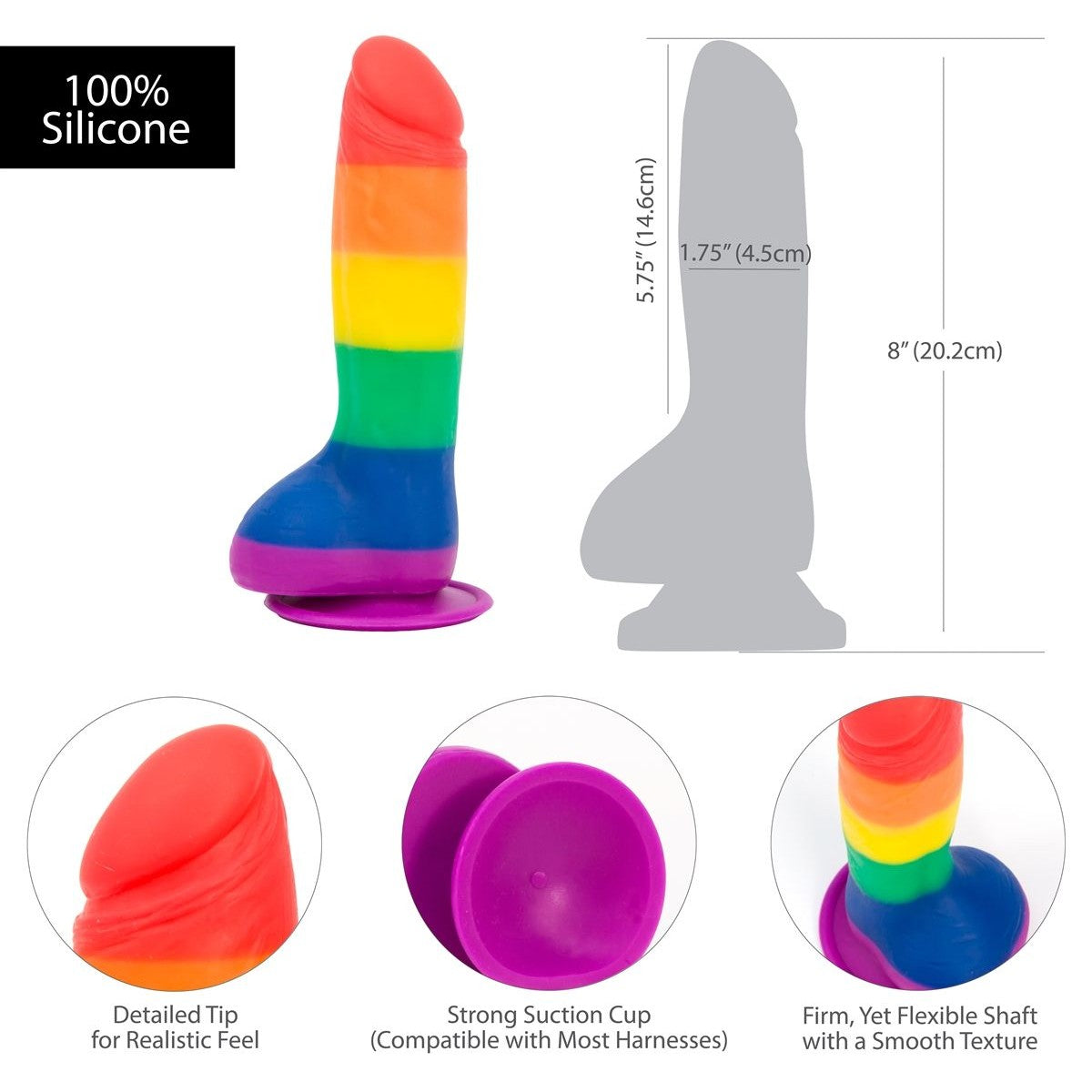 Addiction Justin 8-Inch Silicone Dildo, Product Measurements and Features