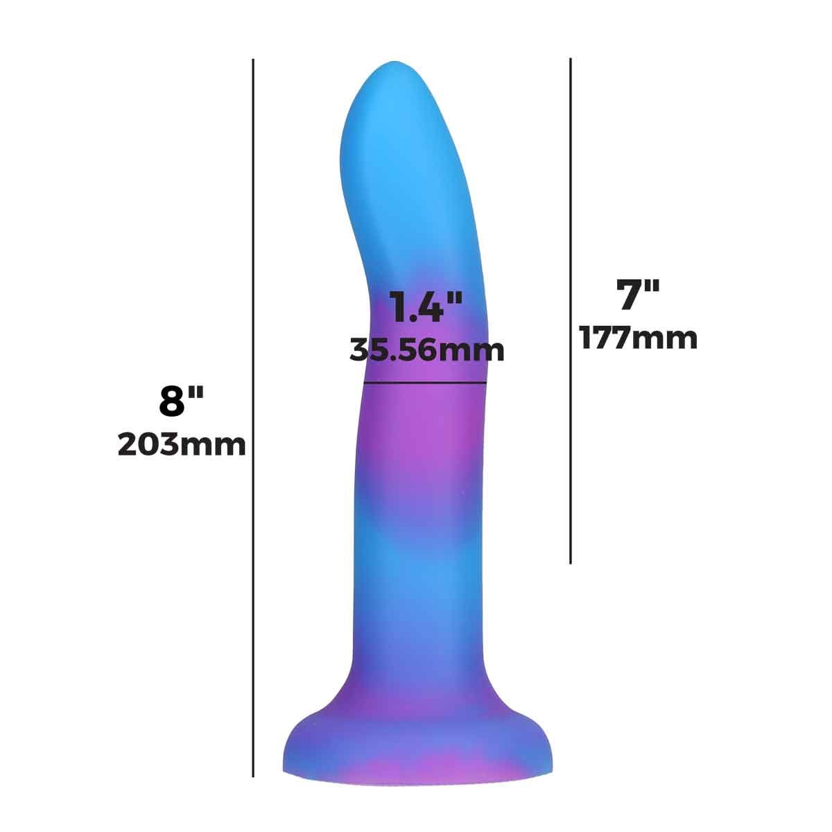 Addiction Rave Glow-In-The-Dark 8-Inch Silicone Dildo, Blue, Product Measurements