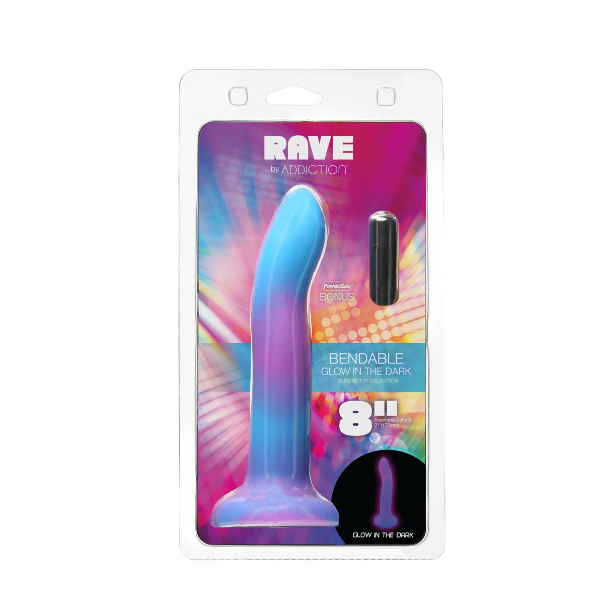 Addiction Rave Glow-In-The-Dark 8-Inch Silicone Dildo, Blue, Product Package