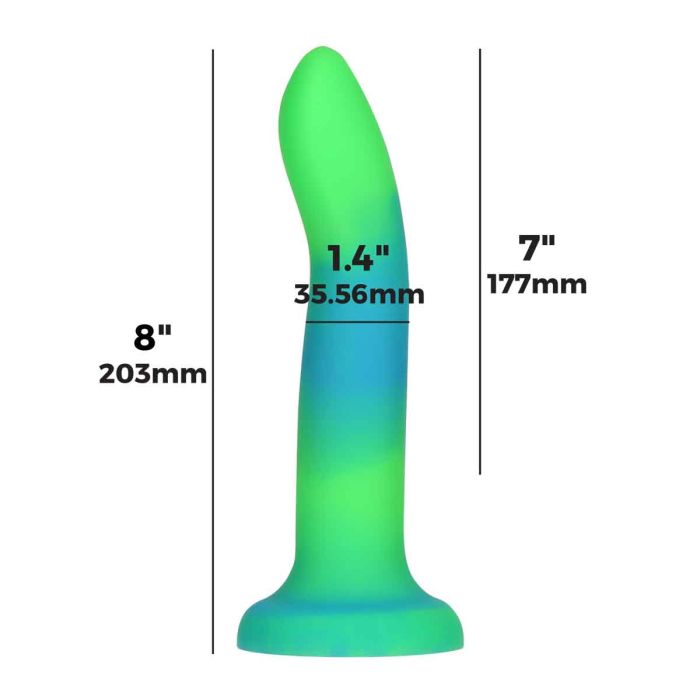 Addiction Rave Glow-In-The-Dark 8-Inch Silicone Dildo, Green, Product Measurements