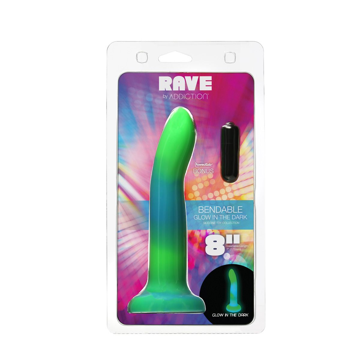 Addiction Rave Glow-In-The-Dark 8-Inch Silicone Dildo, Green, Product Package