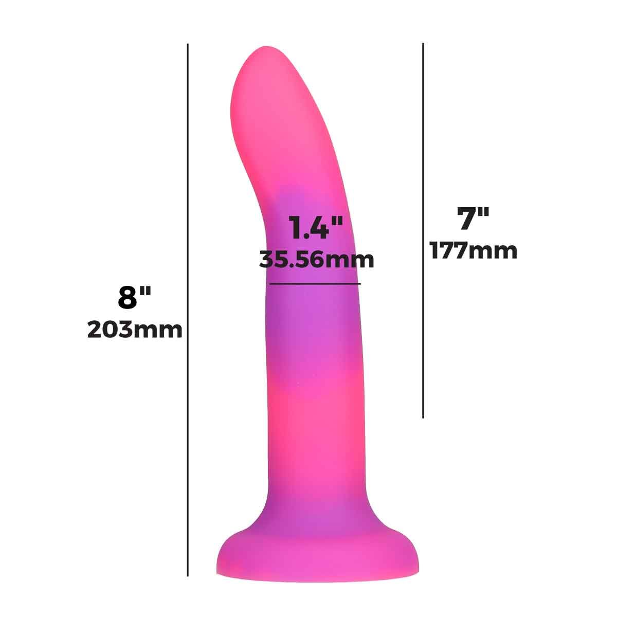 Addiction Rave Glow-In-The-Dark 8-Inch Silicone Dildo, Pink, Product Measurements