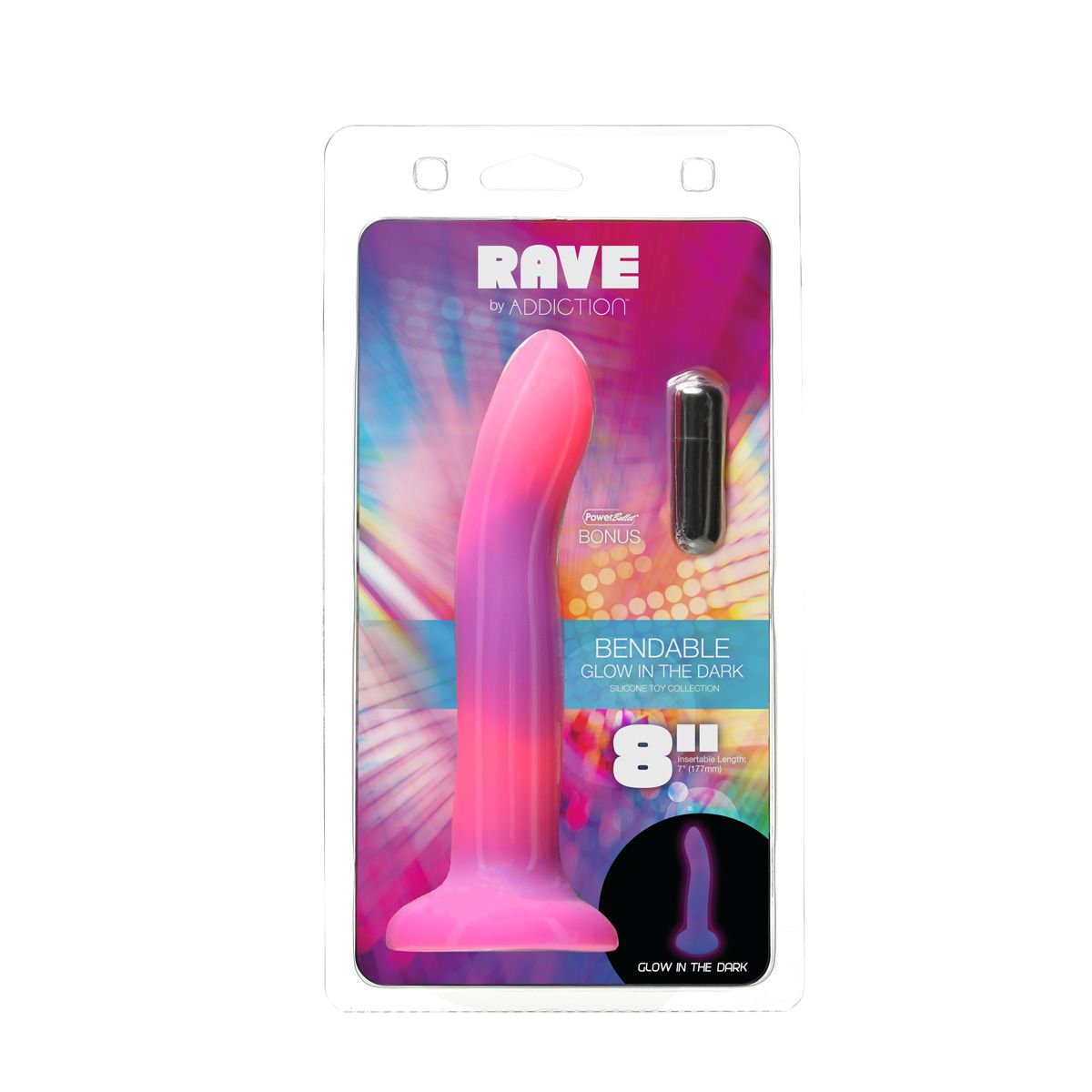 Addiction Rave Glow-In-The-Dark 8-Inch Silicone Dildo, Pink, Product Package, Front View