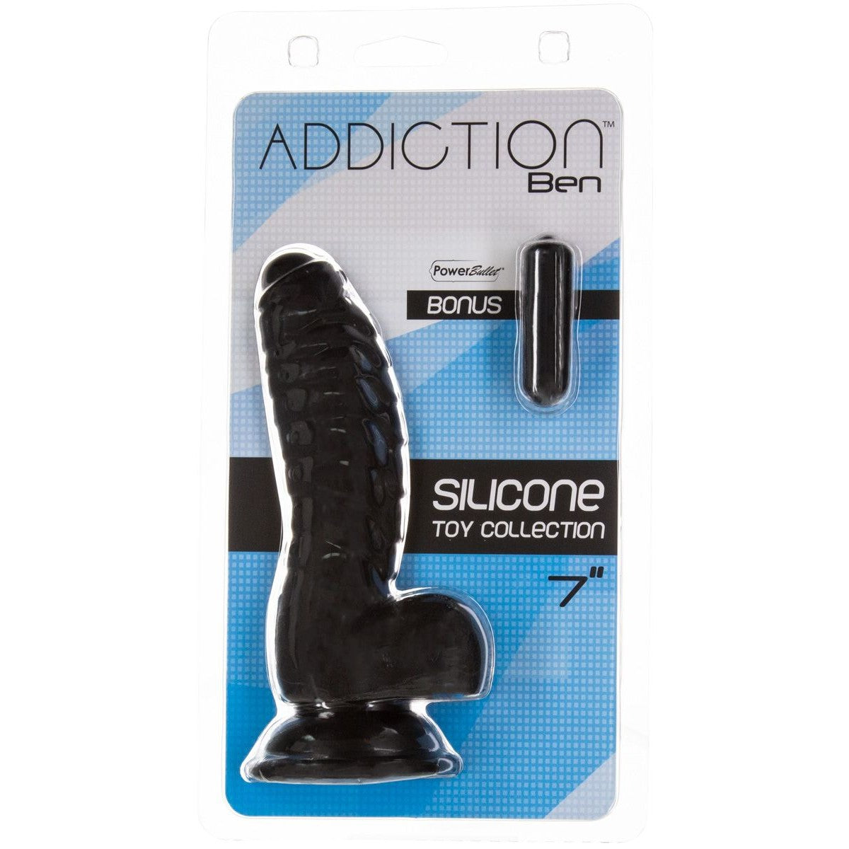 Addiction Ridged 7-Inch Silicone Dildo, Black, Product Package, Front