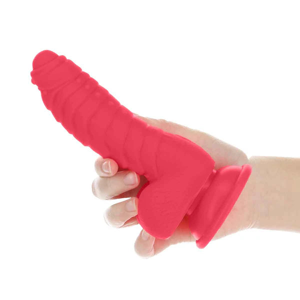 Addiction Ridged 7-Inch Silicone Dildo, Pink, Dildo in Hand