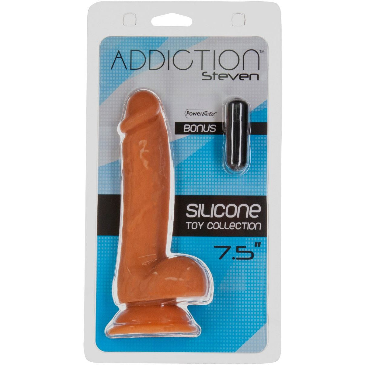 Addiction Steven 7.5-Inch Silicone Dildo, Caramel Tone, Product Package, Front