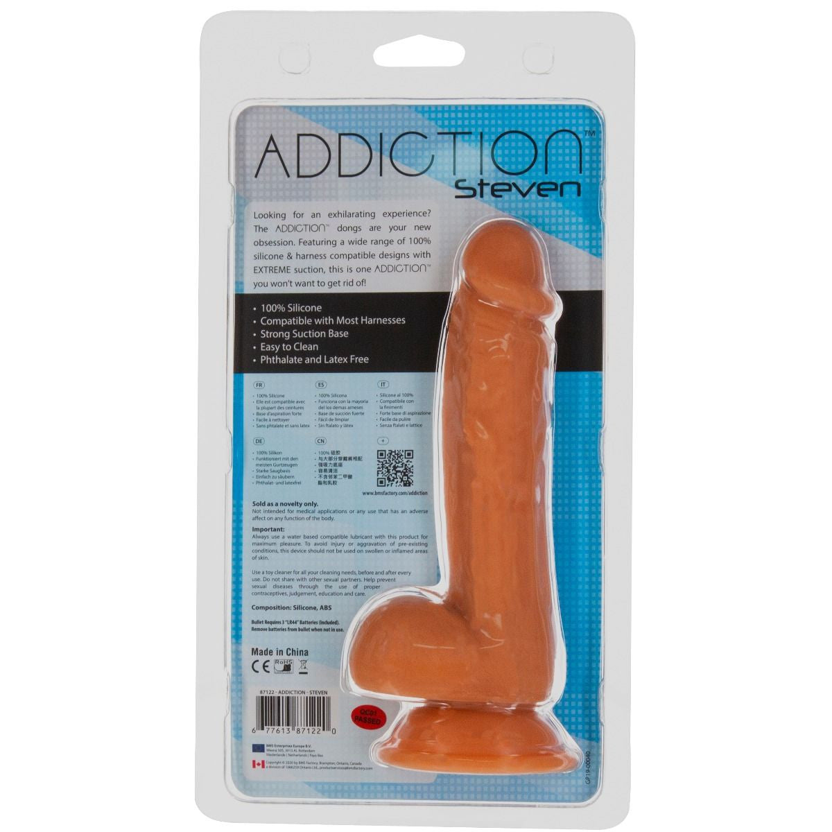 Addiction Steven 7.5-Inch Silicone Dildo, Caramel Tone, Product Package, Back