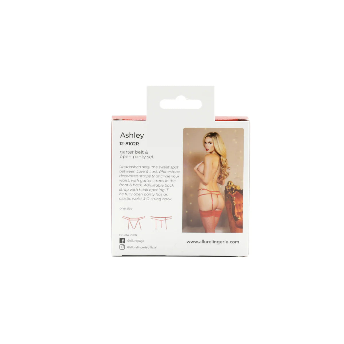 Allure Ashley Garter & Panty Set, Cherry Red, One Size, Product Box, Back 