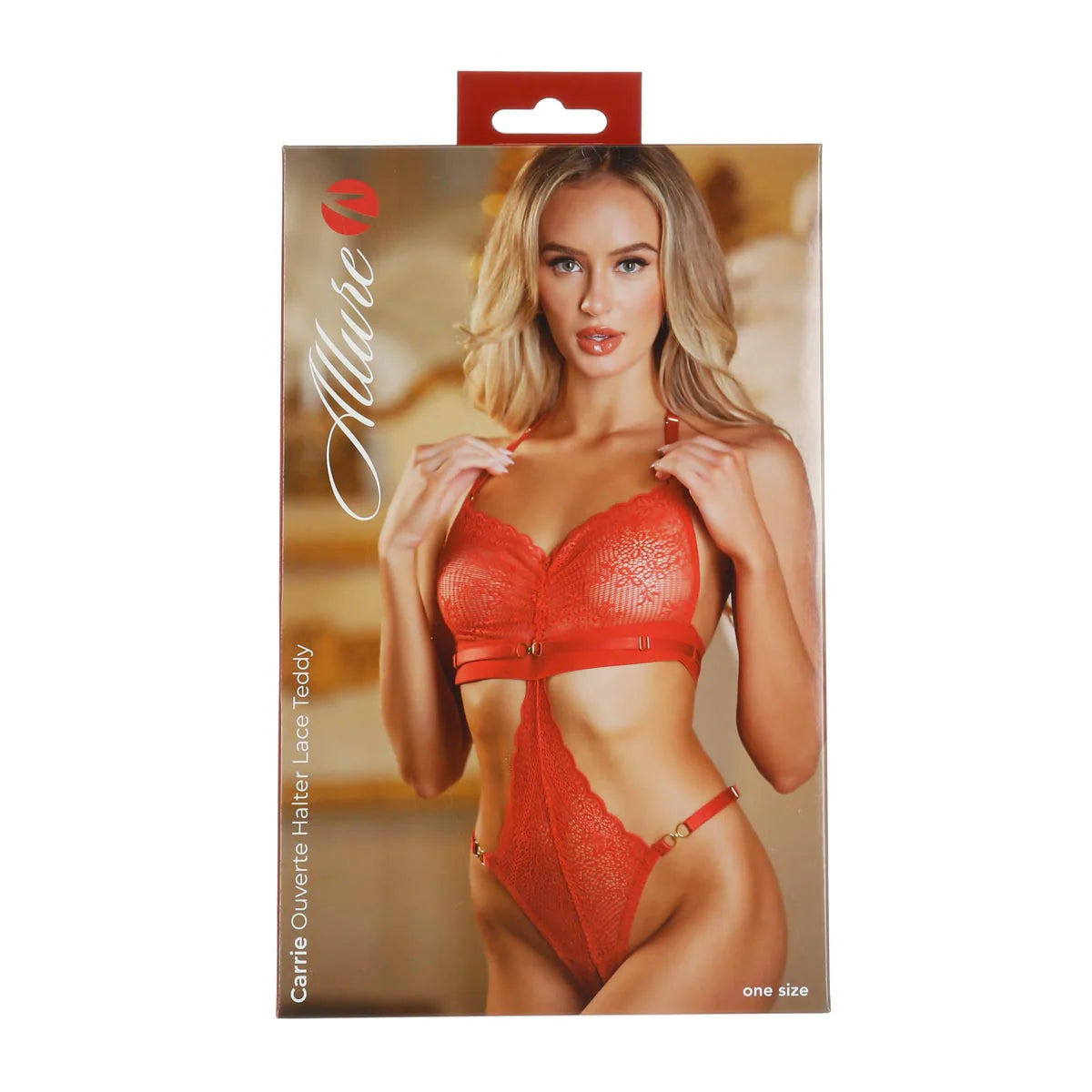 Allure Carrie Ouverte Halter Lace Teddy, Cherry Red, One Size, Product Box, Front