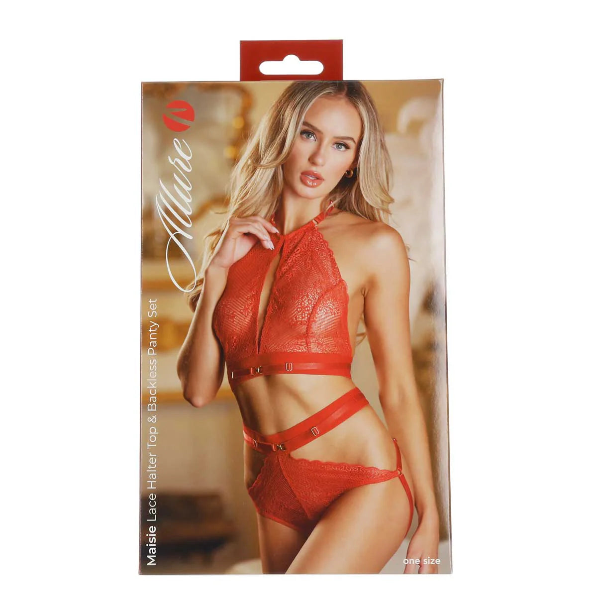 Allure Maisie Lace Halter Top & Backless Panty Set, Cherry Red, One Size, Product Box, Front