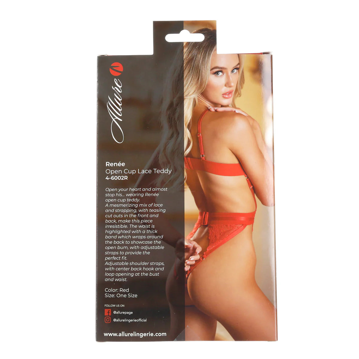 Allure Renee Open Cup Lace Teddy, Cherry Red, One Size, Product Box, Back