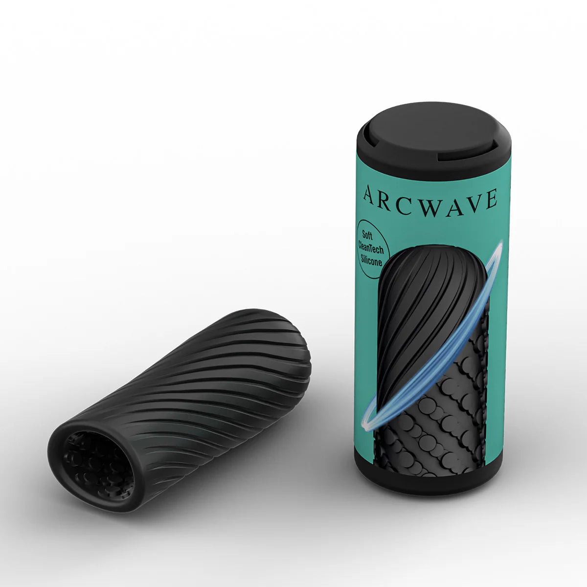 Arcwave Ghost Soft Silicone Stroker, Black, Stroker lying flat beside Product Package