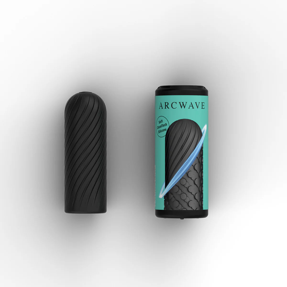 Arcwave Ghost Soft Silicone Stroker, Black, Stroker and Product Package laying down
