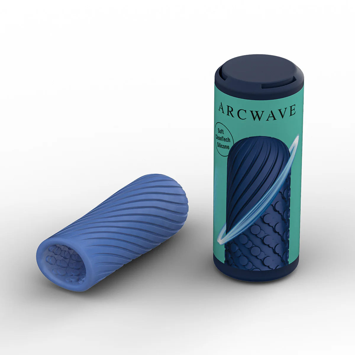 Arcwave Ghost Soft Silicone Stroker, Blue, Stroker beside Product Package