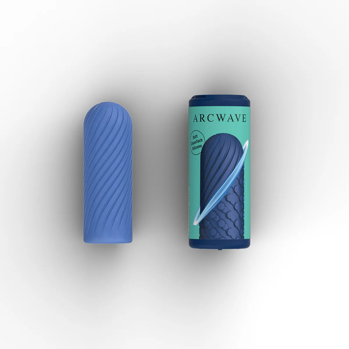 Arcwave Ghost Soft Silicone Stroker, Blue, Stroker beside Product Package side-by-side
