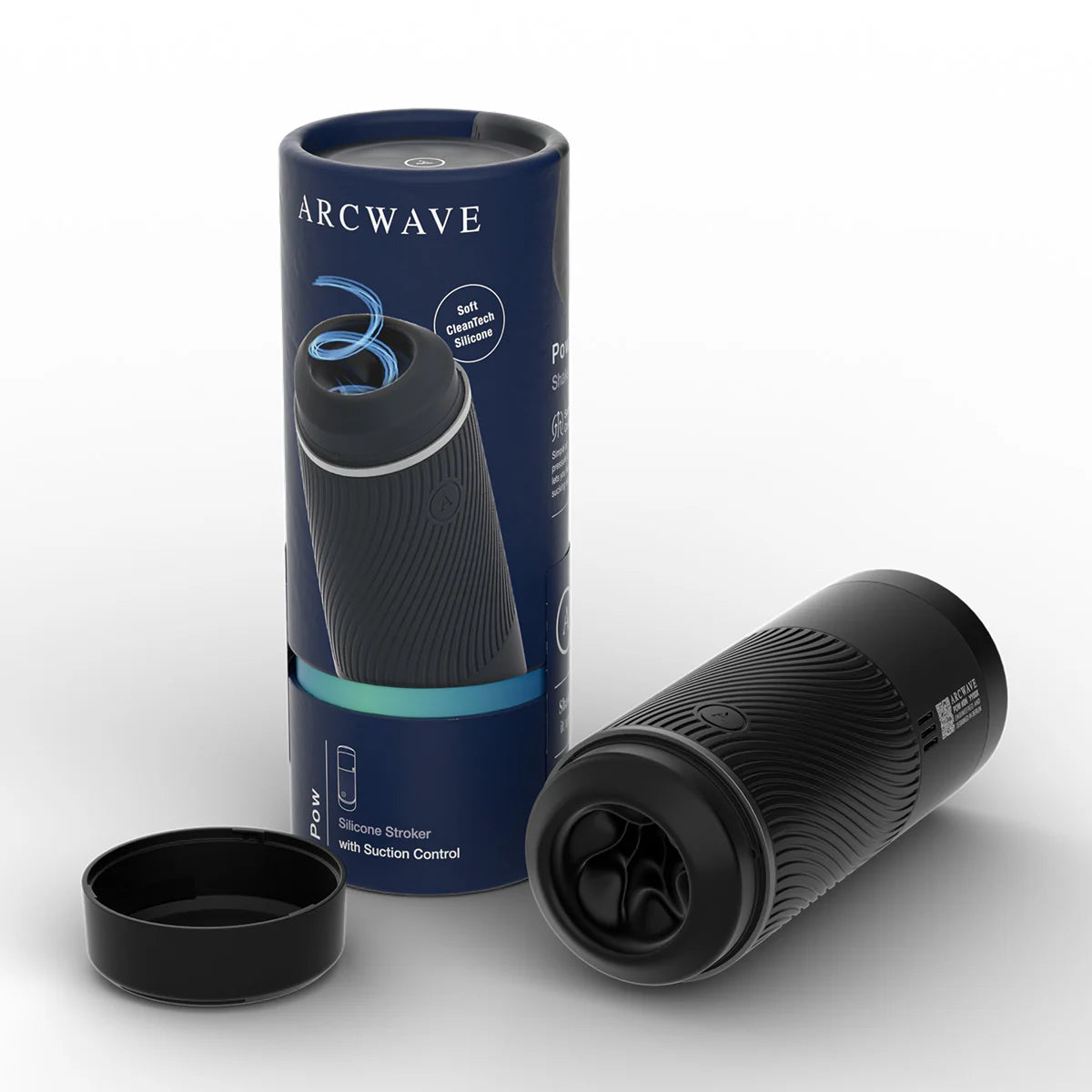 Arcwave Pow Silicone Stroker, Black, Product Box with Stroker and Lid on the Side