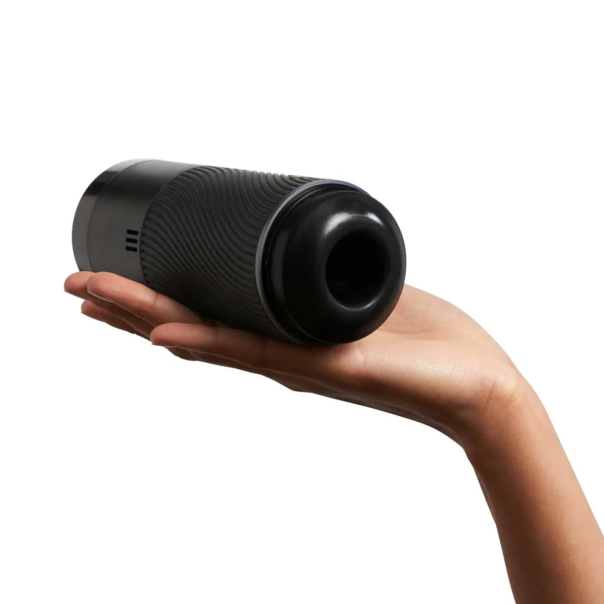 Arcwave Pow Silicone Stroker, Black, Product on Flat Hand